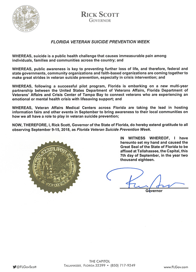 2018 Florida Veteran Suicide Prevention Week Proclamation