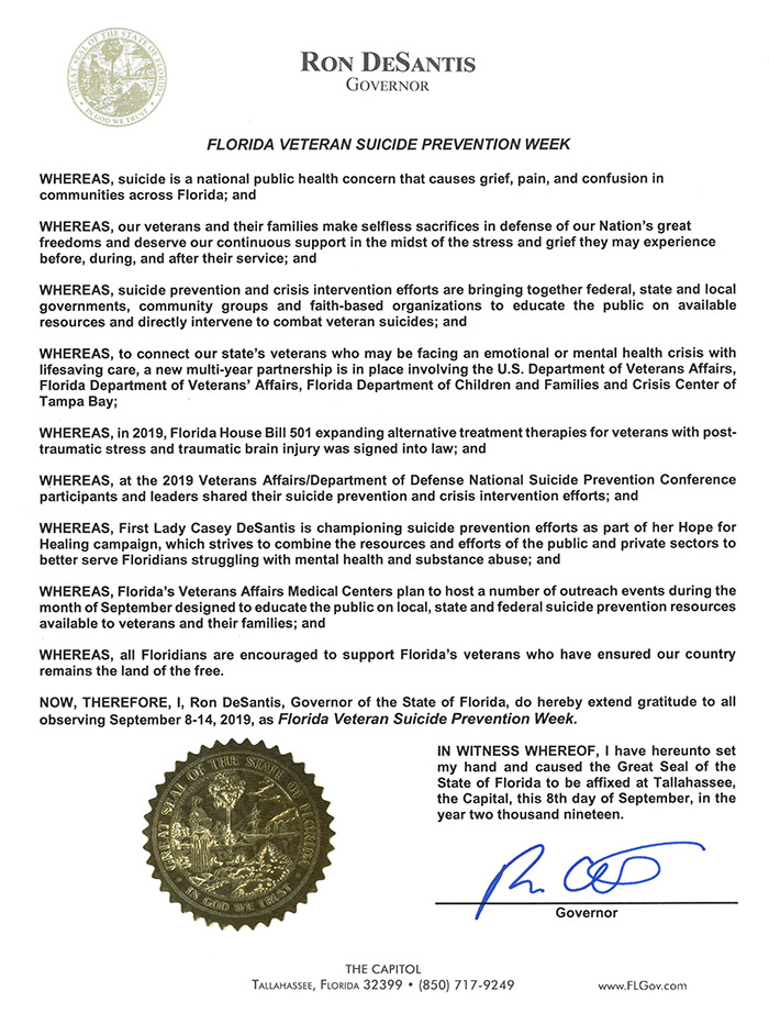 2019 Florida Veteran Suicide Prevention Week Proclamation