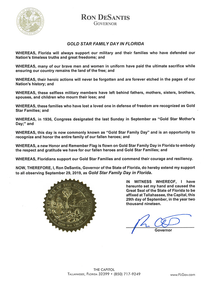 Gold Star Family Day in Florida 2019 Proclamation