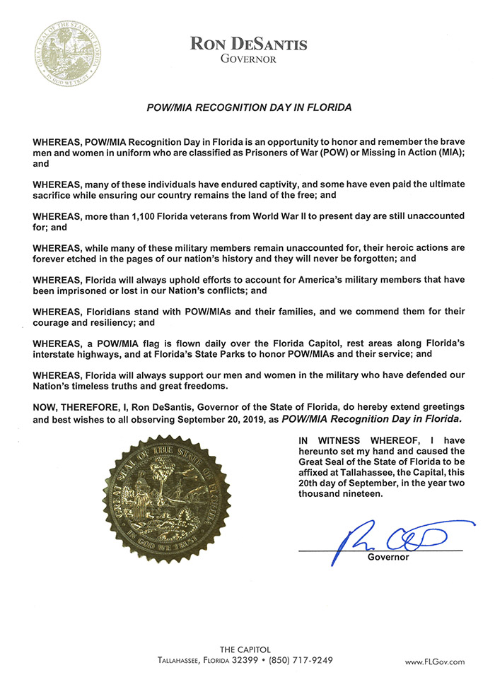 POW MIA Recognition Day in Florida 2019 Proclamation