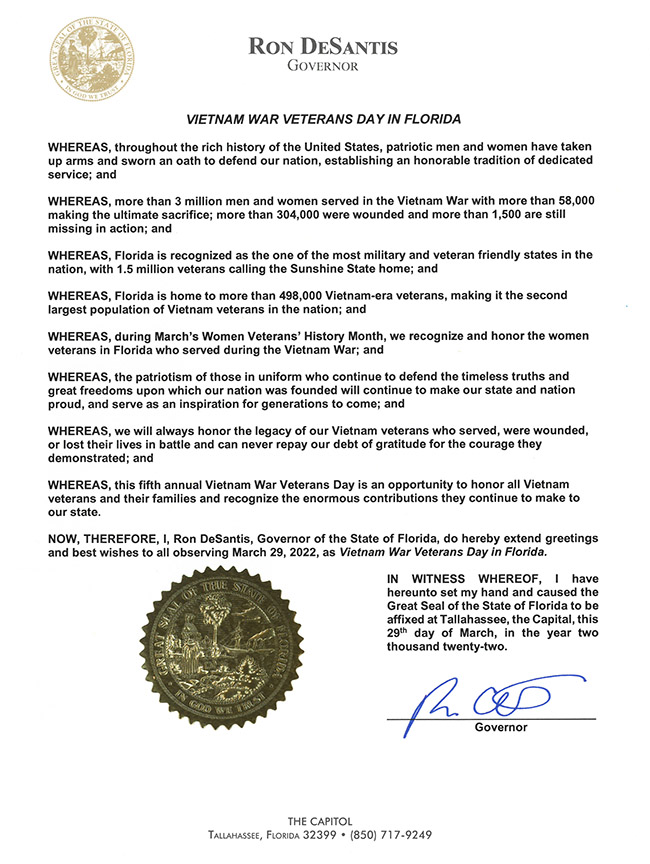 2022 Vietnam War Veterans Day in Florida Proclamation