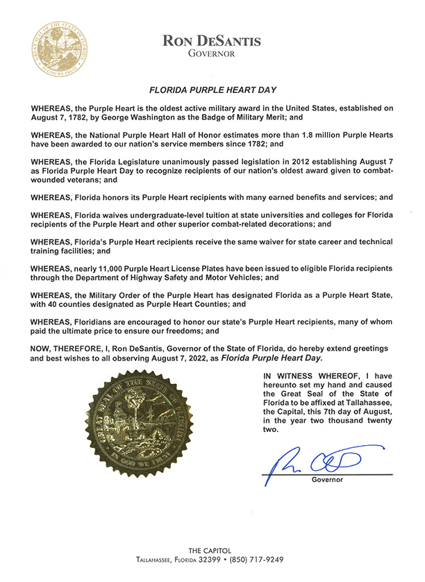 Florida Purple Heart Day 2022 Proclamation