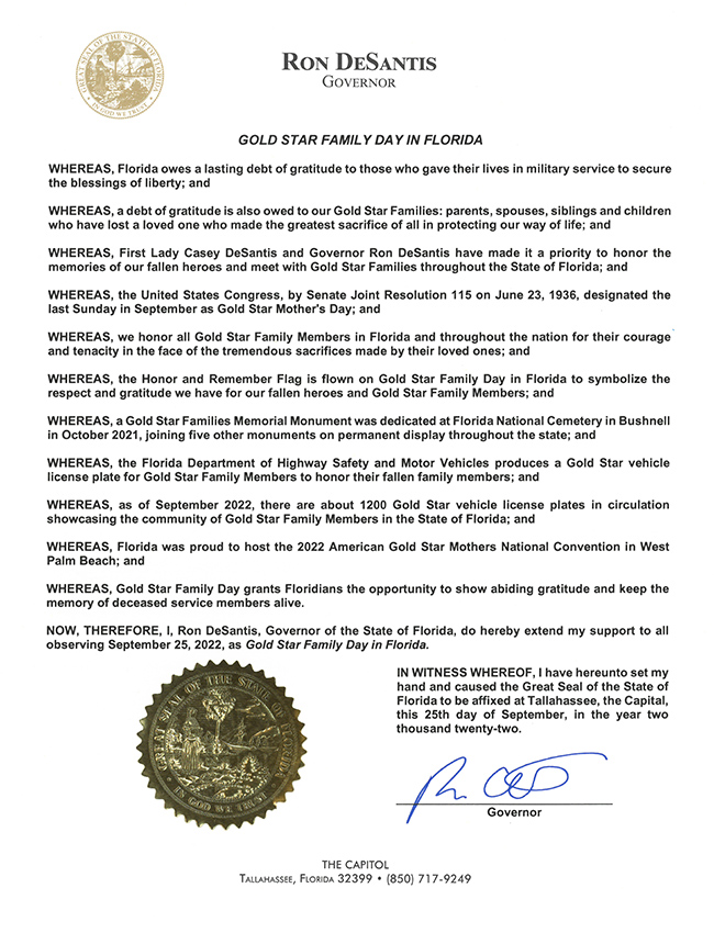 2022 Gold Star Family Day in Florida Proclamation