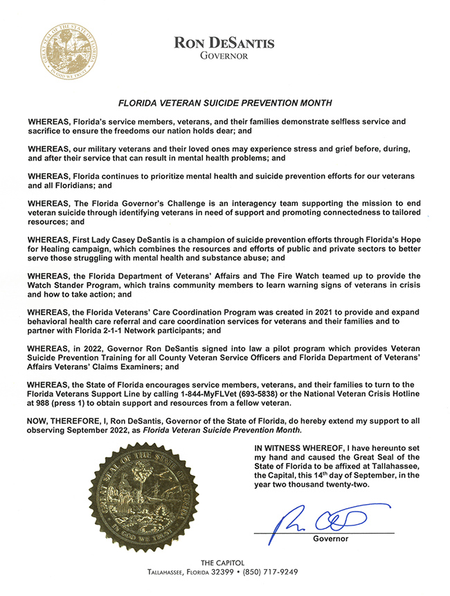 Florida Veteran Suicide Prevention Month Proclamation 2022