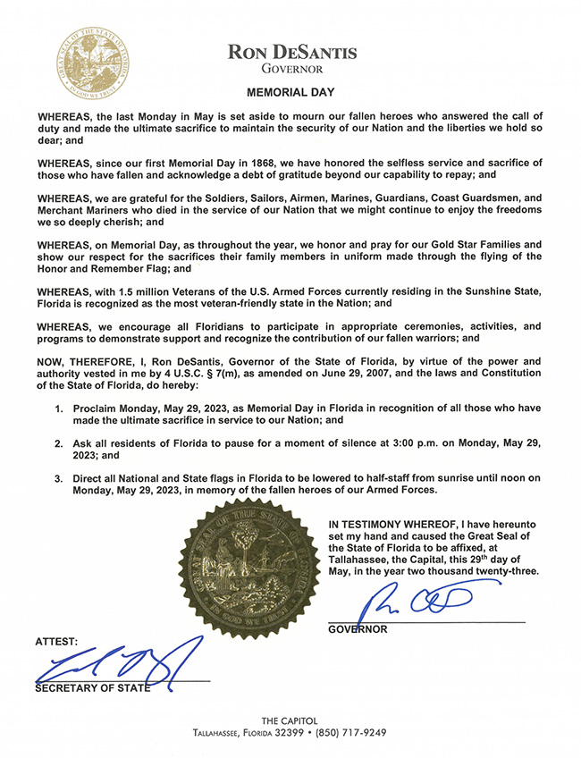 Florida Observes Memorial Day 2023 proclamation