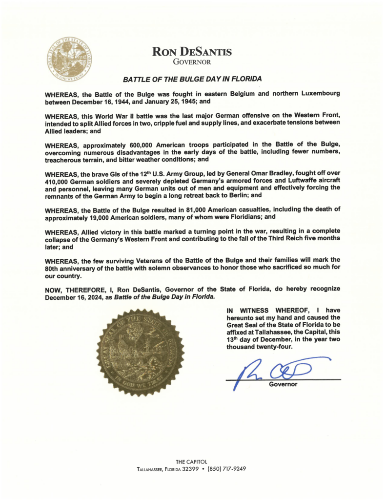 Governor Signs Battle Of The Bulge Day Proclamation Florida Department Of Veterans Affairs