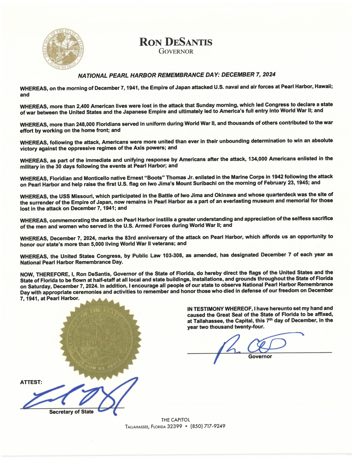 Governor Signs Pearl Harbor Remembrance Day Proclamation Florida