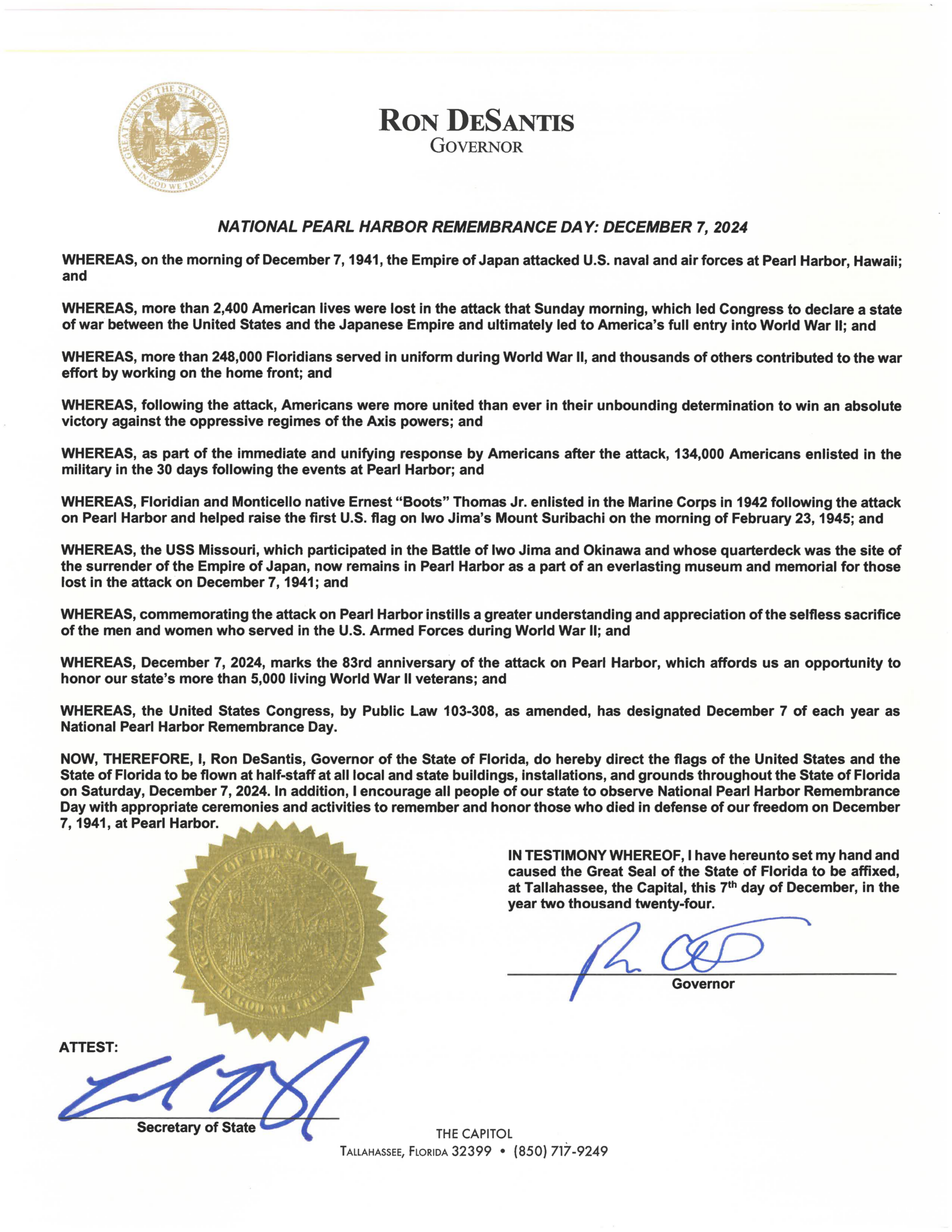 Governor Signs Pearl Harbor Remembrance Day Proclamation Florida