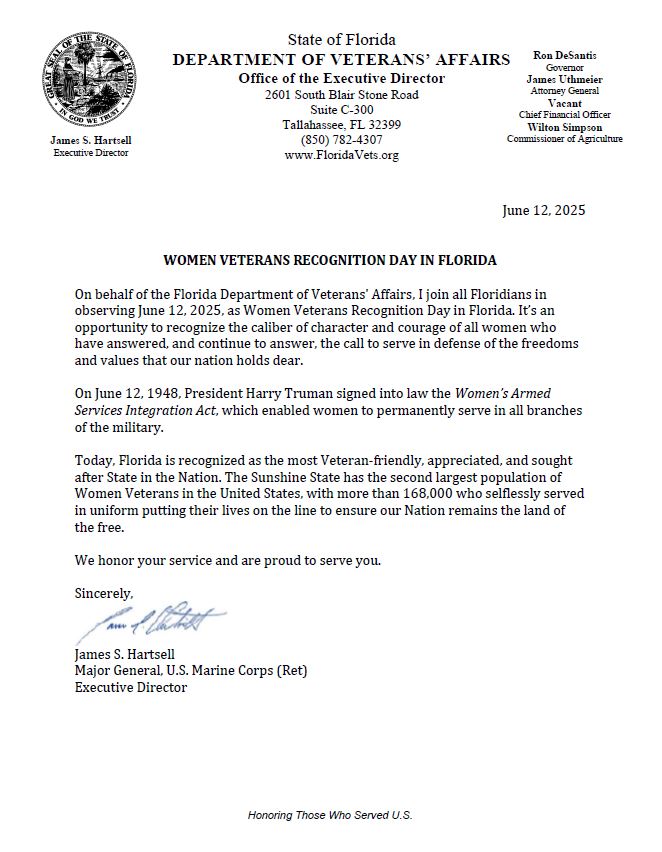 Women Veterans Recognition Day in Florida Letter